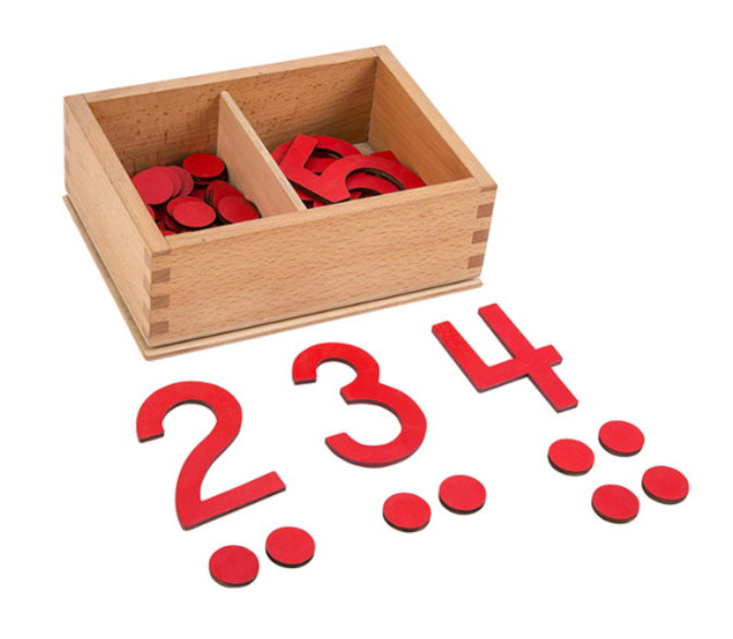 Caja con números y fichas Montessori